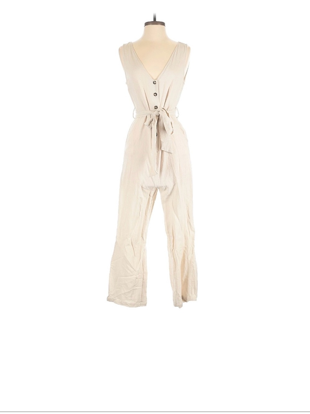 VICI Sleeveless V-Neck Tie-Waist Jumpsuit in Beige